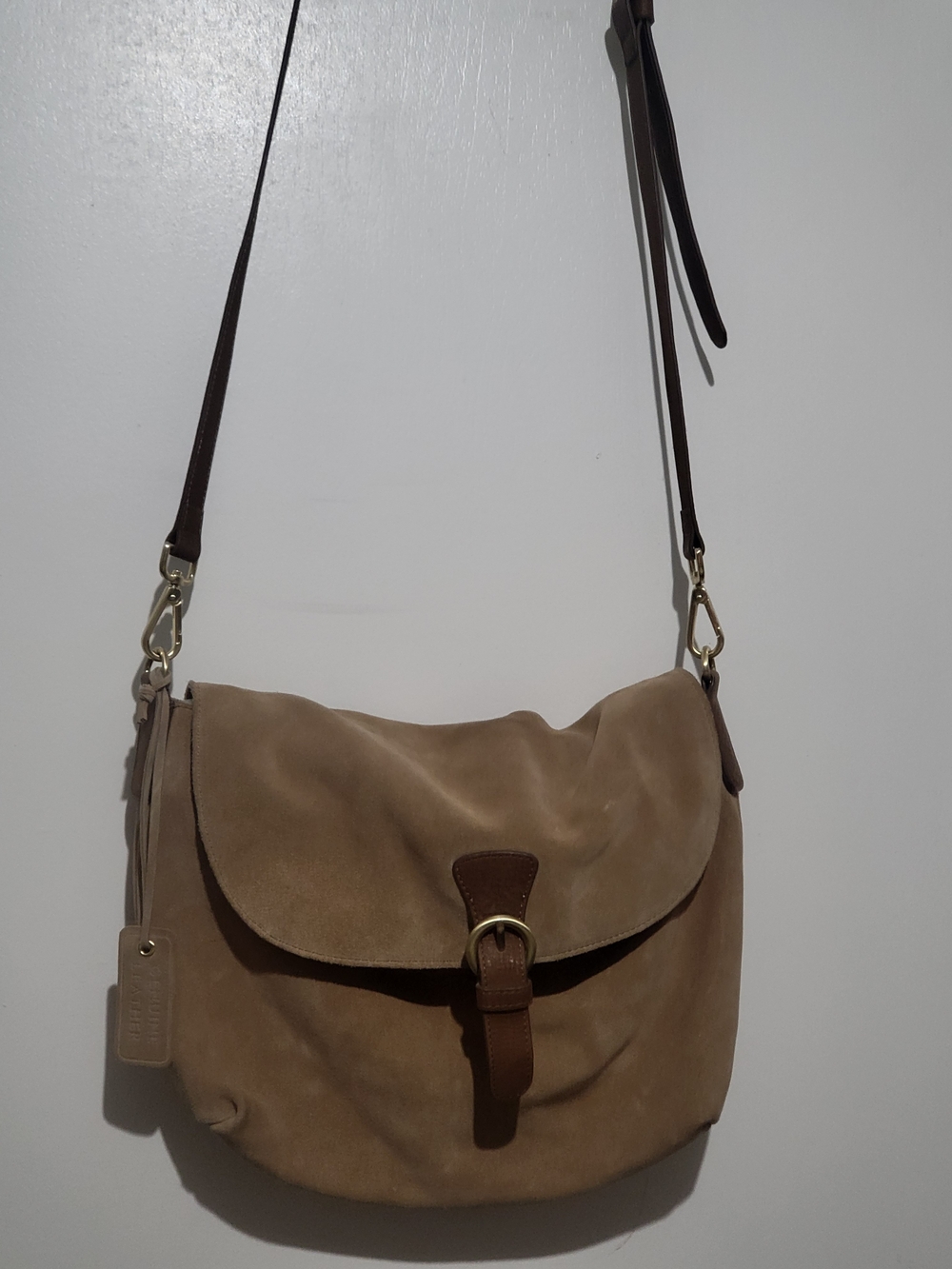 Merona Tan Suede Crossbody Bag with Brass Hardware